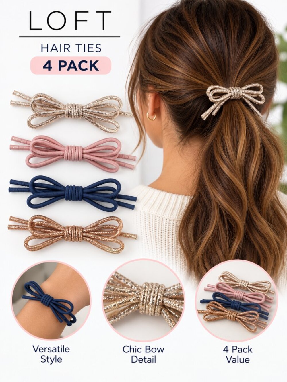 LOFT Bow Scrunchies Hair Ties 4 Pack Women's Hair Accessories
